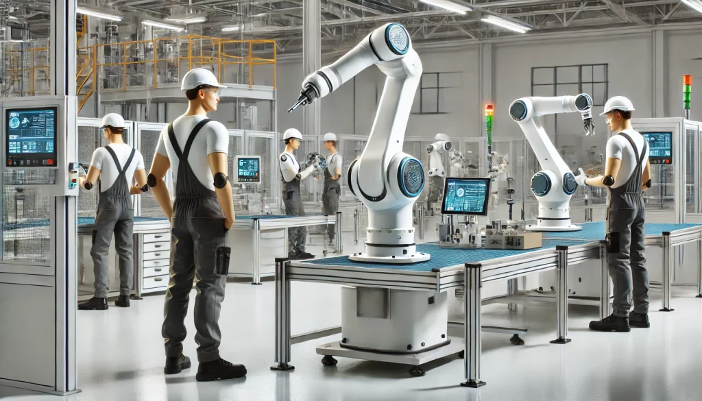 contesto industriale in cui operai umani supervisionano il lavoro dei cobot (bracci robotici)
